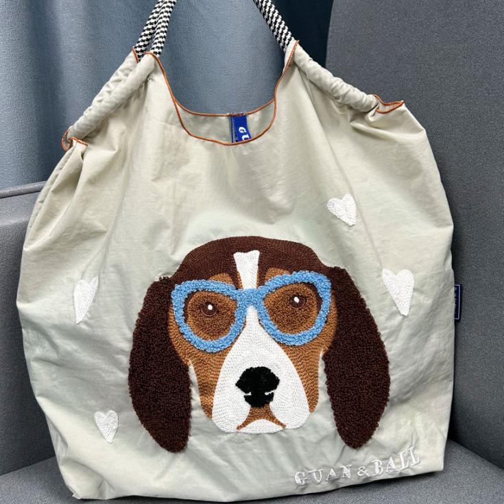 2024 Japanese-Style Cute Dog Embroidered Nylon Eco-Friendly Shoulder Shopping Bag