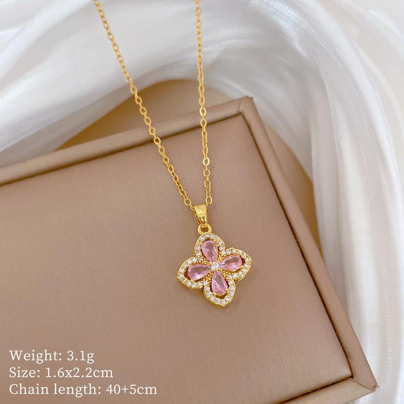 Necklace Earrings Set Light Luxury Full Diamond Four-Leaf Flower Zircon Personality Temperament Banquet Earrings Necklace Group