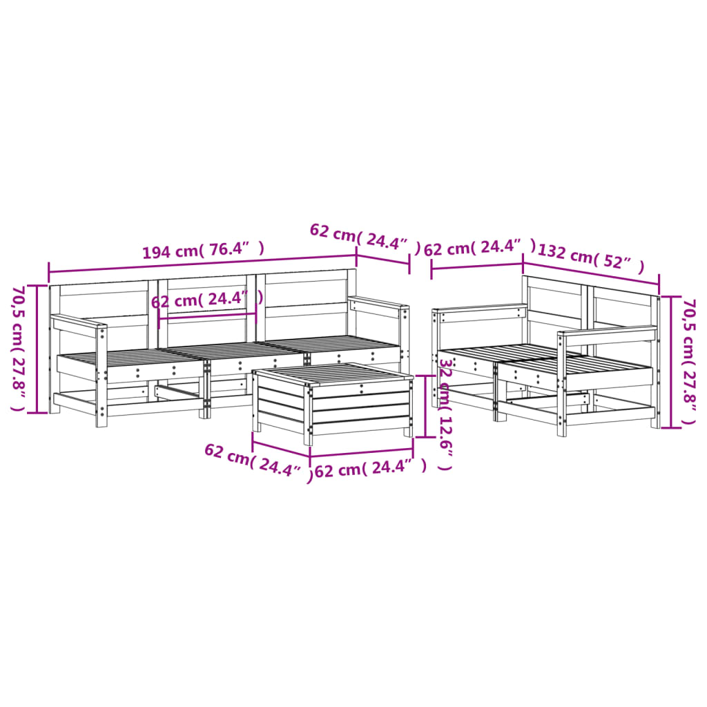 6 Piece White Garden Sofa Set Solid Pine Wood