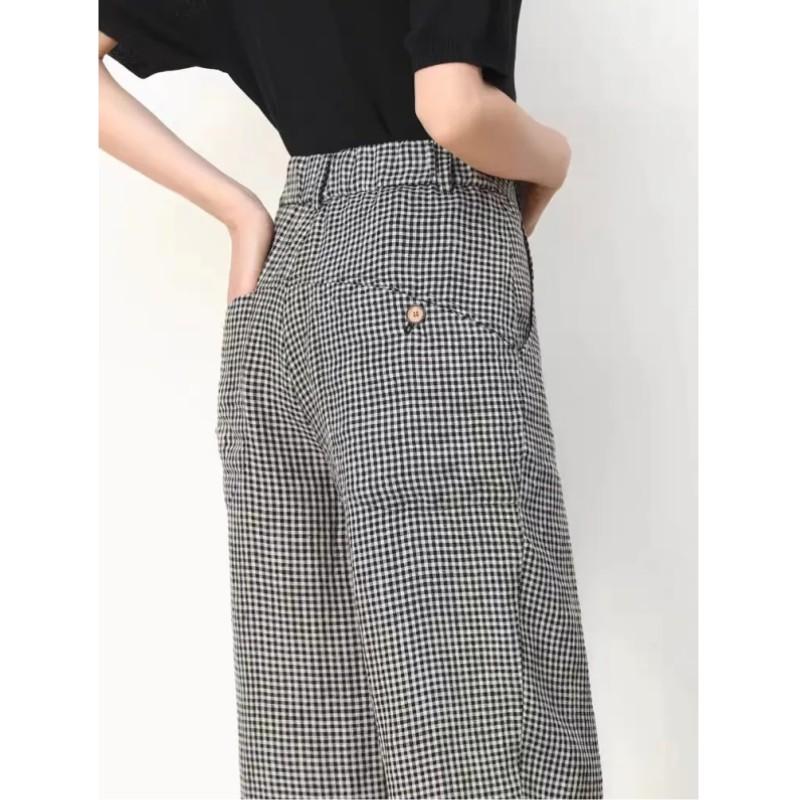 Women's Summer Checkered Cropped Pants: Korean-Style High-Waisted, Loose-Fitting, Slimming, Flowing Harem Casual Pants