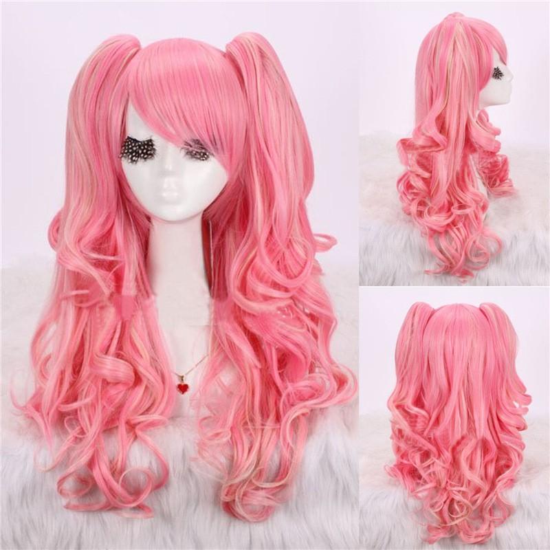 Lolita Cos Wig Set 3-Piece Colorful Gradient Twin Tails Curly With Claw Clips Anime Role Play