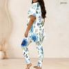 Women Plus Size Two Piece Coordinate Crew Neck Short Sleeve Blouse Long Trousers