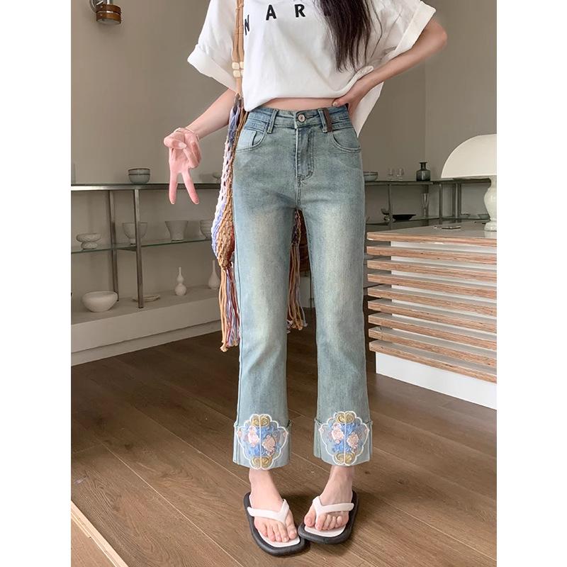 

2025 Women s Embroidered High-Waist Cigarette Pants - Summer s New Chic National Style Jeans S