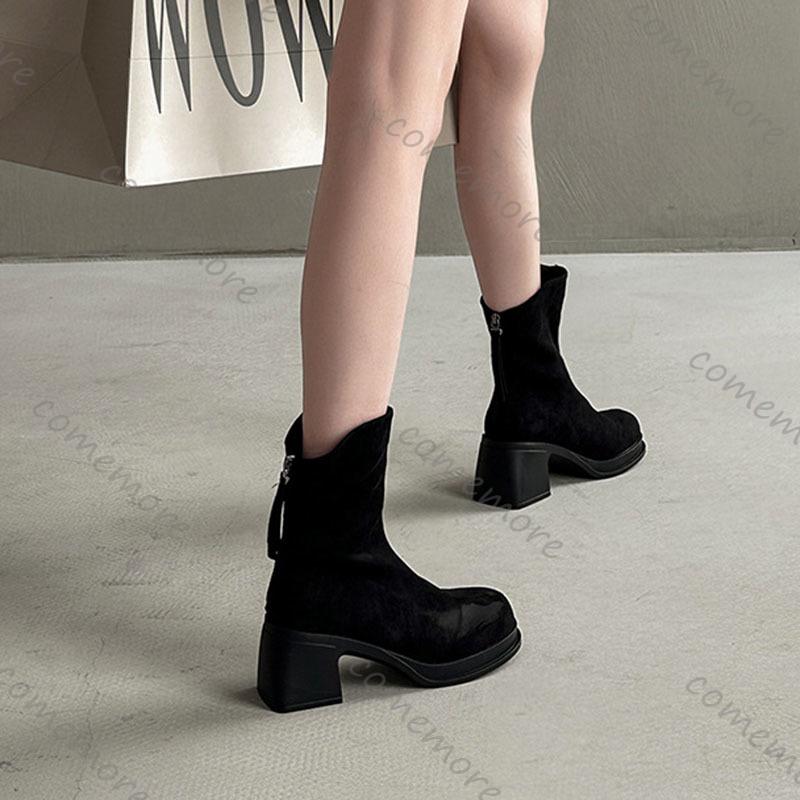 Comemore Retro British Style Chunky Heeled Short Boots Autumn Women's Shoes Solid Suede Versatile High-heeled Botines