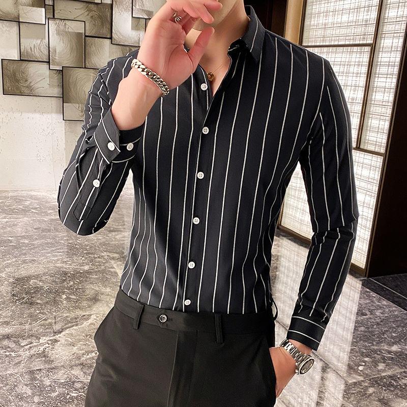 

Fashion Formal Handsome Button Striped Shirts Temperament Sven Turn-down Collar Skinny Spring Summer Autumn Thin Men s Clothing L чёрный