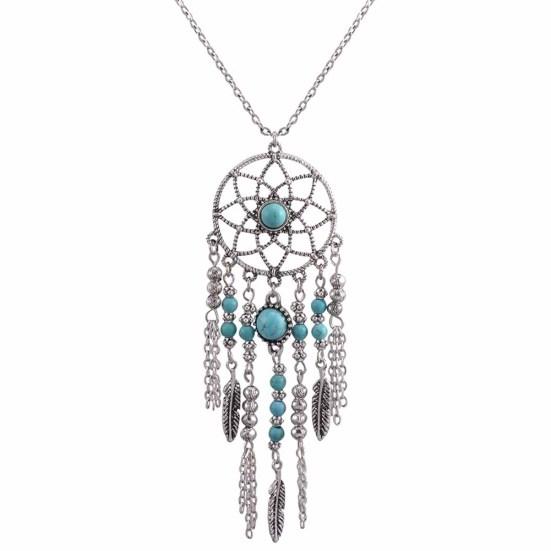 Boho Dreamcatcher Feather Turkis Tassel Chain Charm Halskjede kvinner smykker