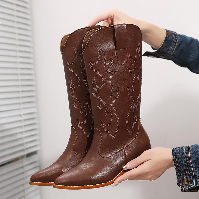 2025 winter new ethnic style embroidered female knight boots 40-43 large size tall western boots