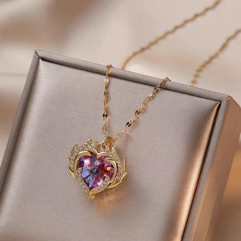 [Titanium Steel] Ocean Heart Necklace Women'S Light Luxury Design Colorful Heart-Shaped Pendant