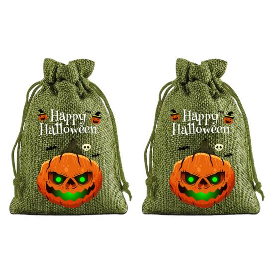 Handmade Style Party Bags 2Pcs Halloween Pumpkin Drawstring for Candy Treats, Retro Burlap Festival Totes Trick or Treat Bags, Portable Goodie