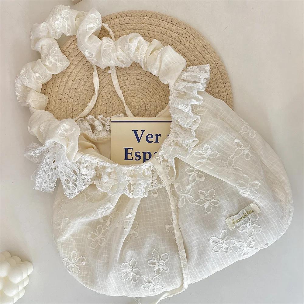 Sweet Lace Bow Female Tote Commuter Underarm Bag Rose Floral Women's Shoulder Bags Pleated Strap Girls Flower Crossbody Bag