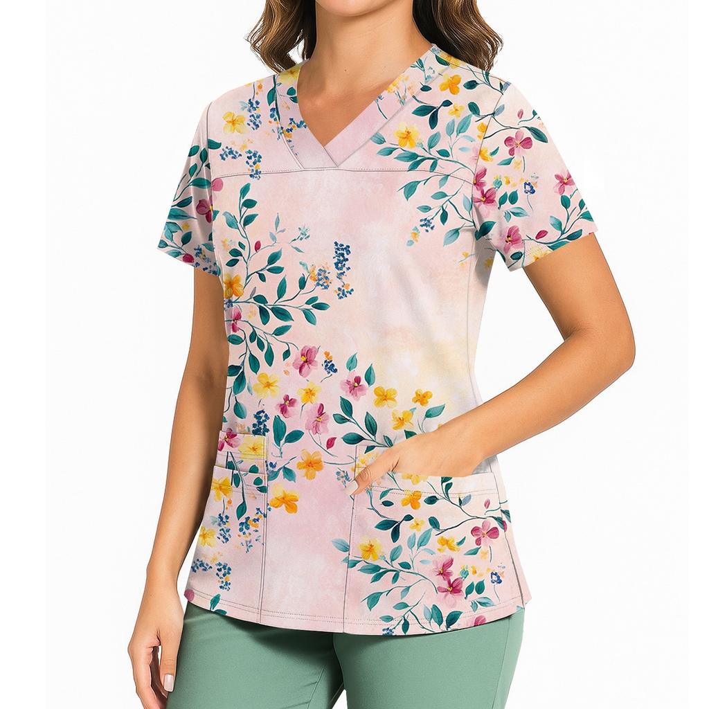 Women's Casual Printed V-Neck Pocket Side Slit Short Sleeved Top Short Sleeved Top