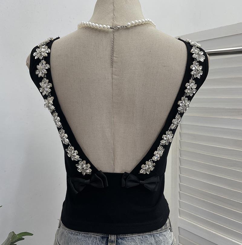 

Rhinestone Bow Backless Spaghetti Strap Slim Fit Tank Top One Size чорний