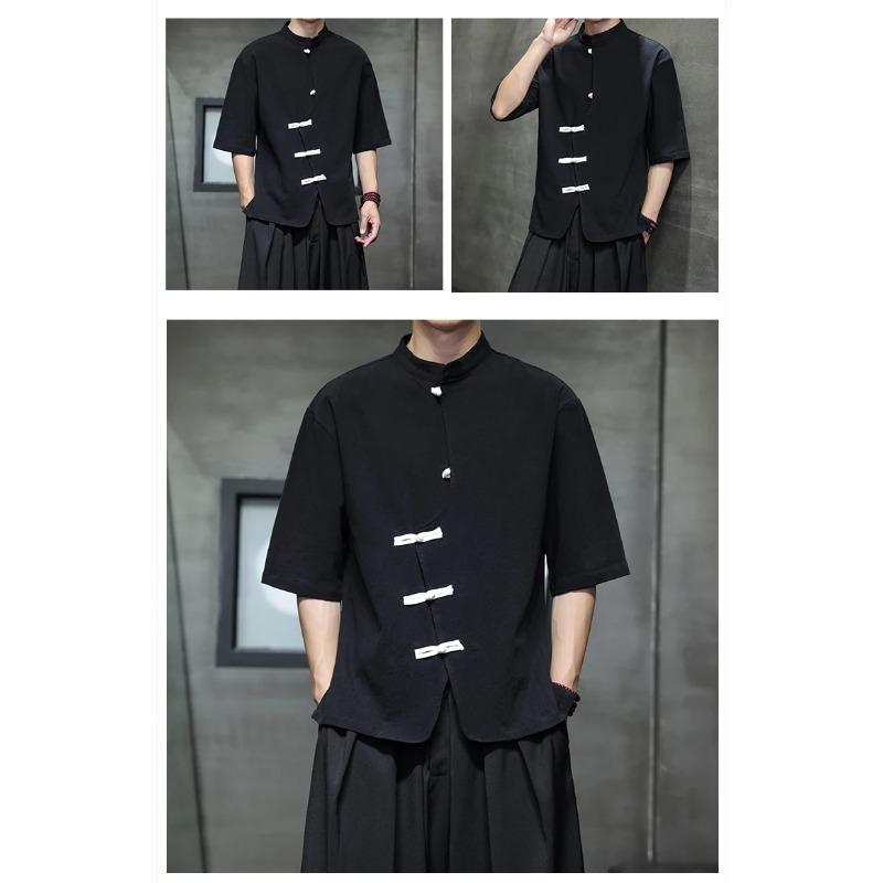 Men Linen Shirt Summer Light Thin Short Sleeved Streetwear Loose Oversize Casual Chinese Style Shirt Tang Suit Hanfu