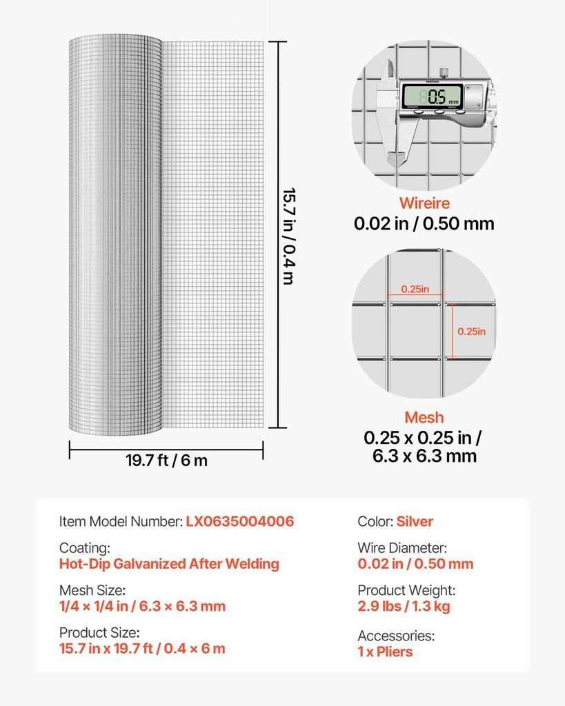 Hardware Cloth, 6.3 Mm 0.4 X 6 M 0.5 Mm Diameter Chicken Wire Fence, Hot-Dip Galvanized After Welding Metal Wire Mesh Roll, Garden Plant Welded