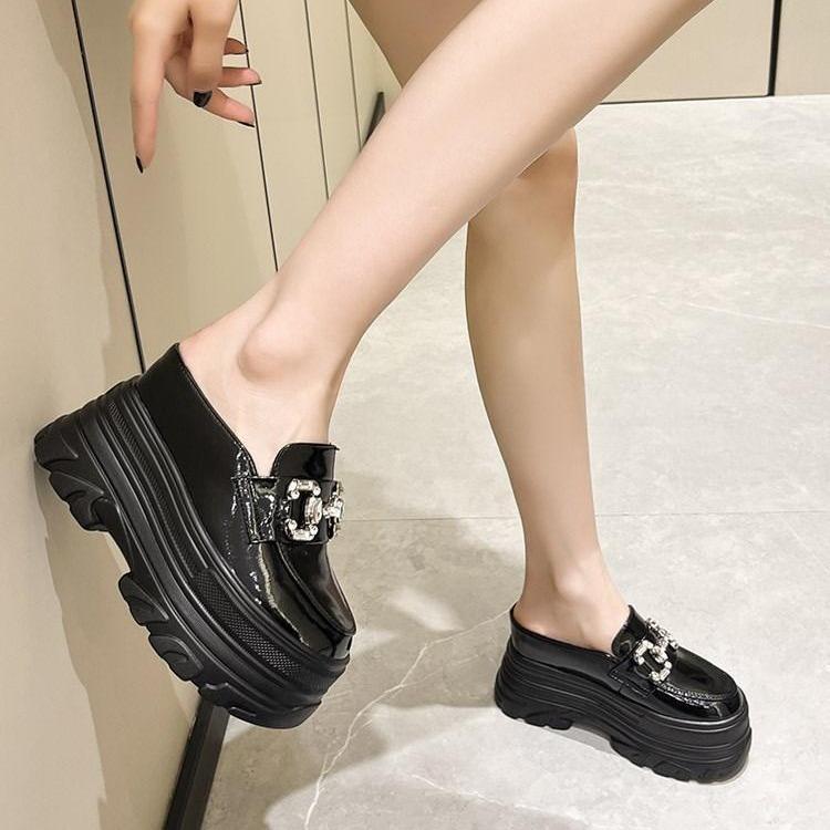 2025 New Bag Head Thick-soled Half-slippers Women's Inner Height Increase Without Heel Rhinestone Small Leather Shoes Muffin Lazy Cool Slippers