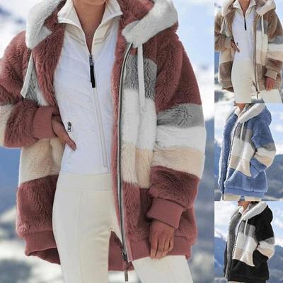 Nová zimná dámska módna bunda Teplá plyšová voľná bunda s kapucňou pre ženy Patchwork Zimné vrchné oblečenie Umelá kožušina Zips Dámsky Kabát Parka Plus veľ.