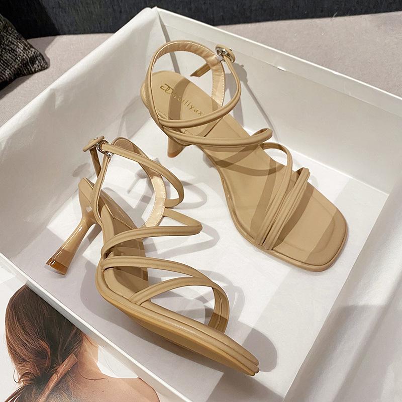 

Sandals new sexy stiletto high heels versatile open-toe one-word strap sandals women 738-BR6 39 хаки