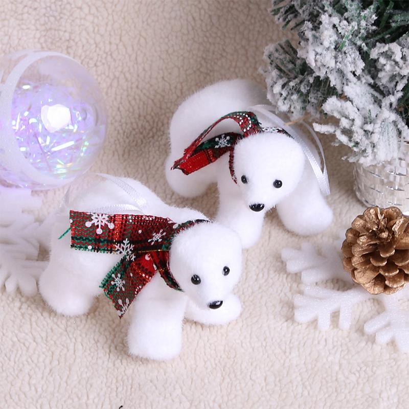Christmas Cute Flocking White Bear Christmas Tree Ornaments Xmas Hanging Tree Pendants Toy Decoration Gift For Girl Boy Kid