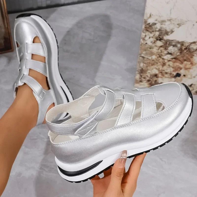 

Женские однотонные босоножки на покатом каблуке с пряжкой на щиколотке, повседневные летние туфли с мягкой подошвой, нескользящие, универсальные ретро-босоножки на танкетке 37 серебряный