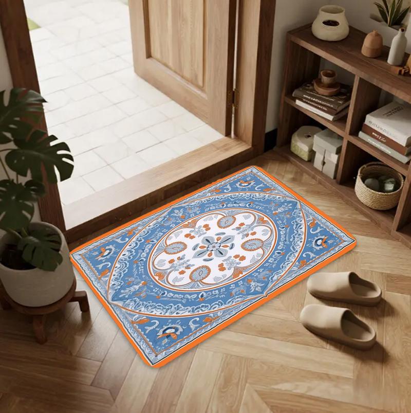 Mandala Flower Pattern Blue Orange Half Round Carpet Mat Rug Home Decoration Entryway Door Bohemian Vintage Non Slip Durable
