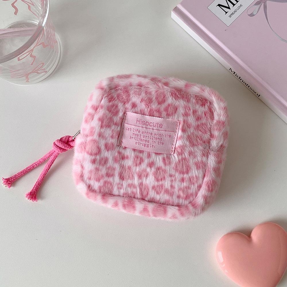 Retro Leopard Print Plush Small Square Bag  Portable Sanitary Napkin Storage Bag for Girls  Student Menstrual Bag  Small Makeup Bag