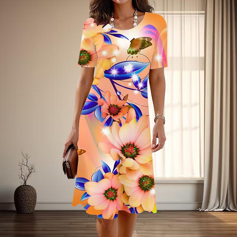 Women's Fashion Graceful Beautiful Flower Print Summer Spring Short Sleeve O-Neck Casual Dresses