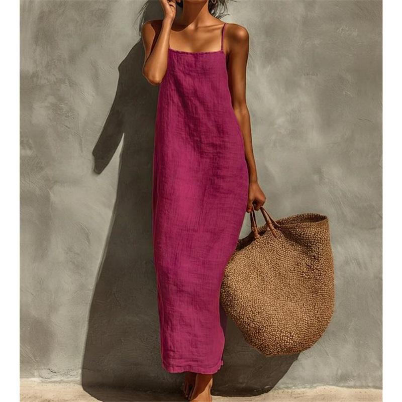 Women Linen Cotton Slip Maxi Dress Sleeveless Spaghetti Strap Straight Long Dress Summer Casual Beach Vacation Sundress