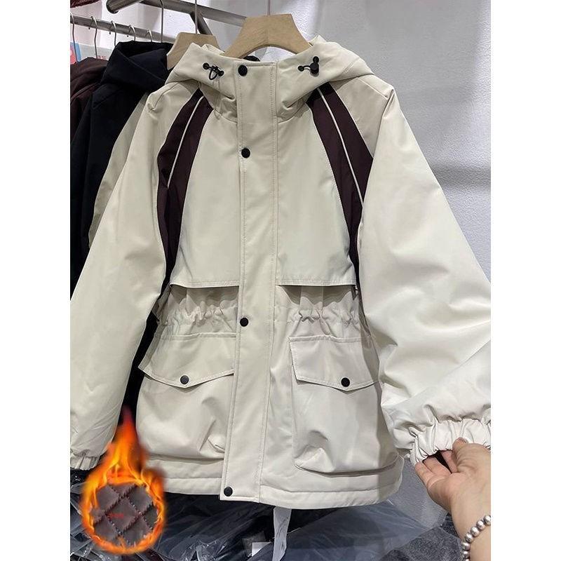 Womens Thick Padded Hooded Coat With Contrast Trim Cinched Waist Long Sleeve Winter Jacket Casual Daily Wear