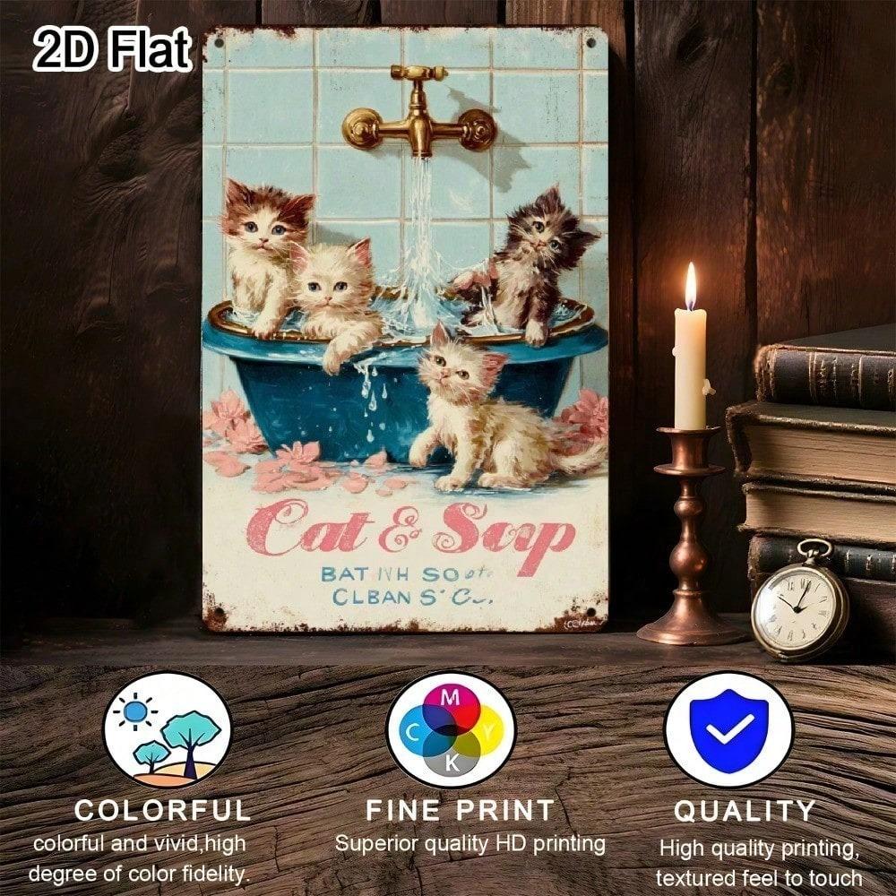 Vintage Retro Metal Tin Sign 8x12 Cute Kittens In Bathtub Funny Cat Bathroom Wall Art Durable 2D Flat Iron Home Decor