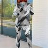Women Plus Size Round Neck Long Sleeve Printed Two Piece Set Gray Black White Fitted Top And Pants