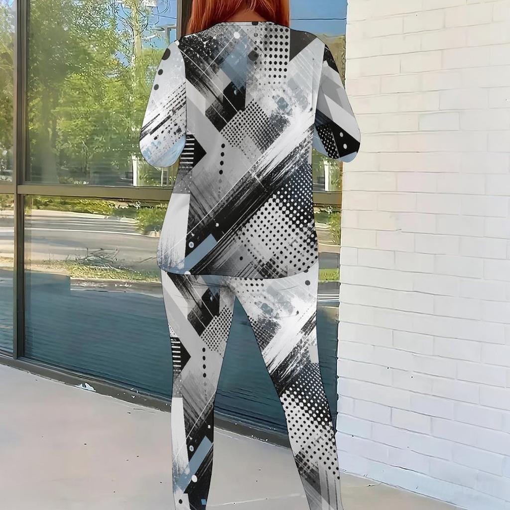Women Plus Size Round Neck Long Sleeve Printed Two Piece Set Gray Black White Fitted Top And Pants
