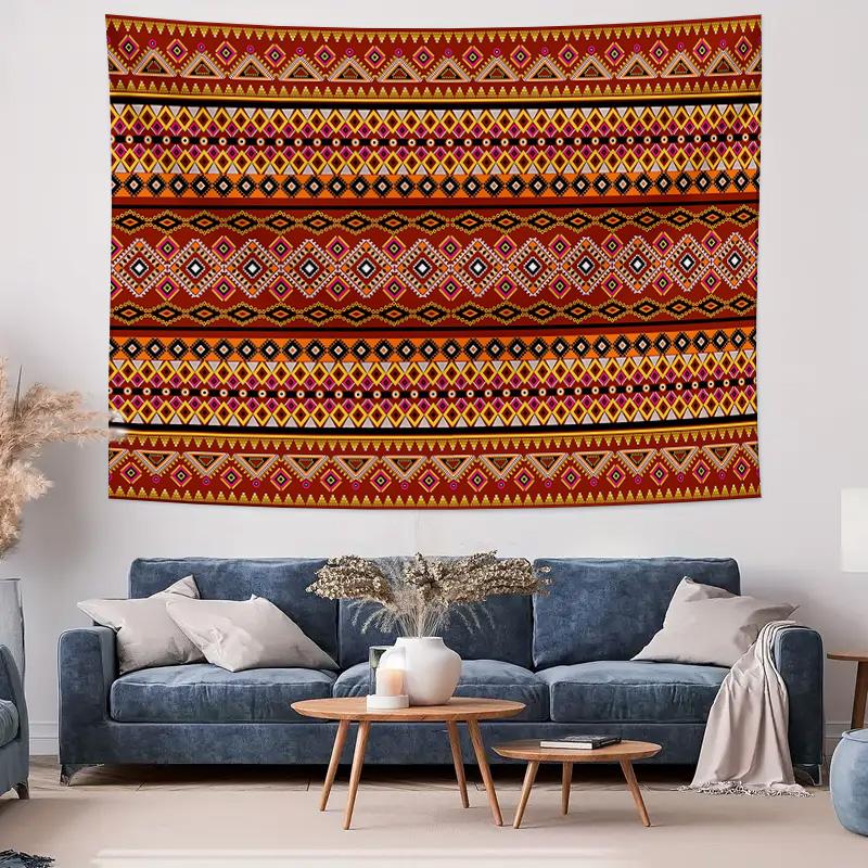 Red Tribal Aztec Geometric Pattern Wall Tapestry Machine Washable All Season Decor Art Print Ethnic Boho Design Home Nontoxic 100X70CM
