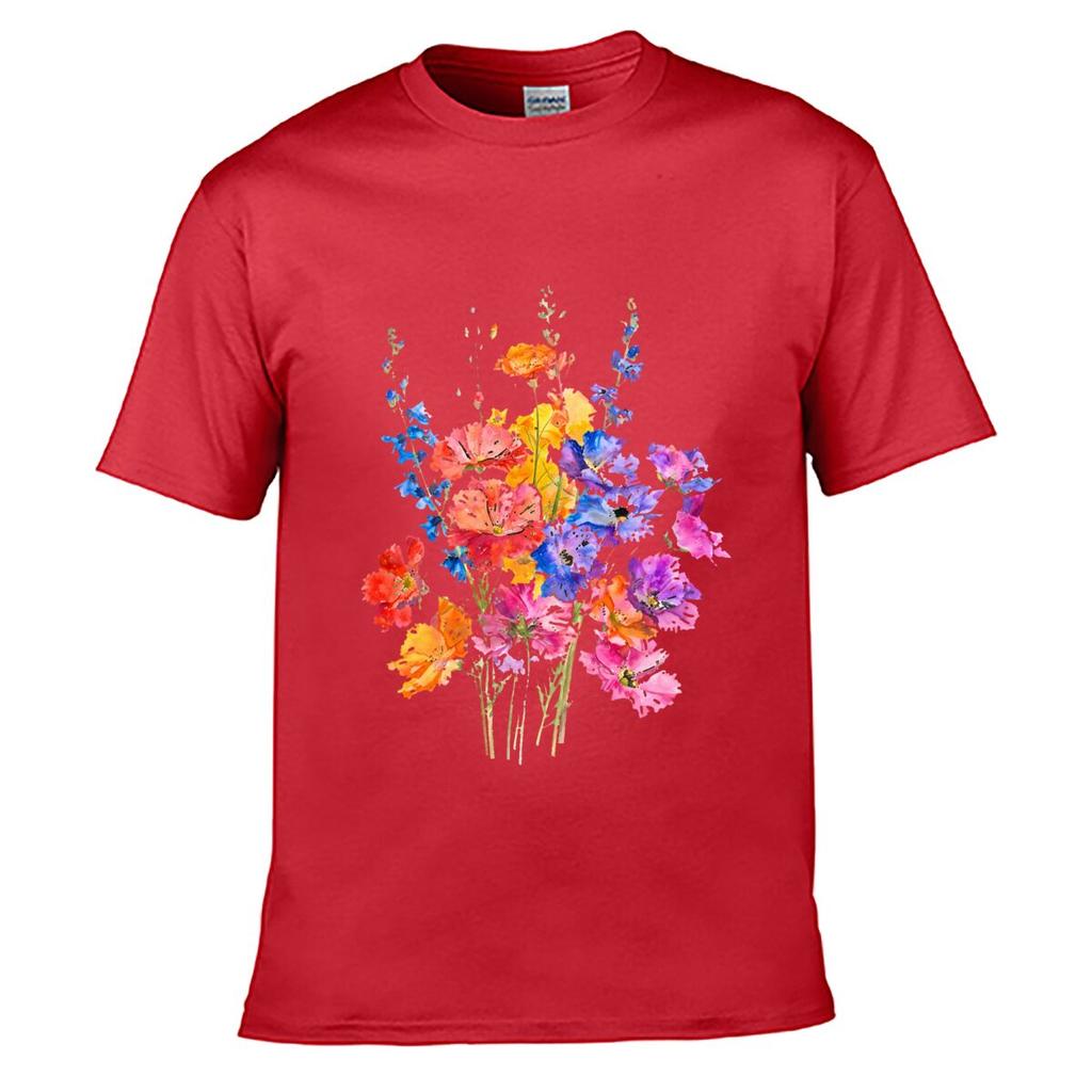 Colorful Wildflowers Watercolor Floral Bouquet Botanical Art Unisex Summer Washed Tee Loose Distressed Top