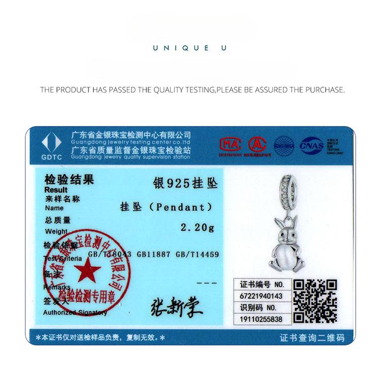 Pearl Rabbit S925 Silver Pendant, Cute Pearl Diy Bracelet Beaded Accessories