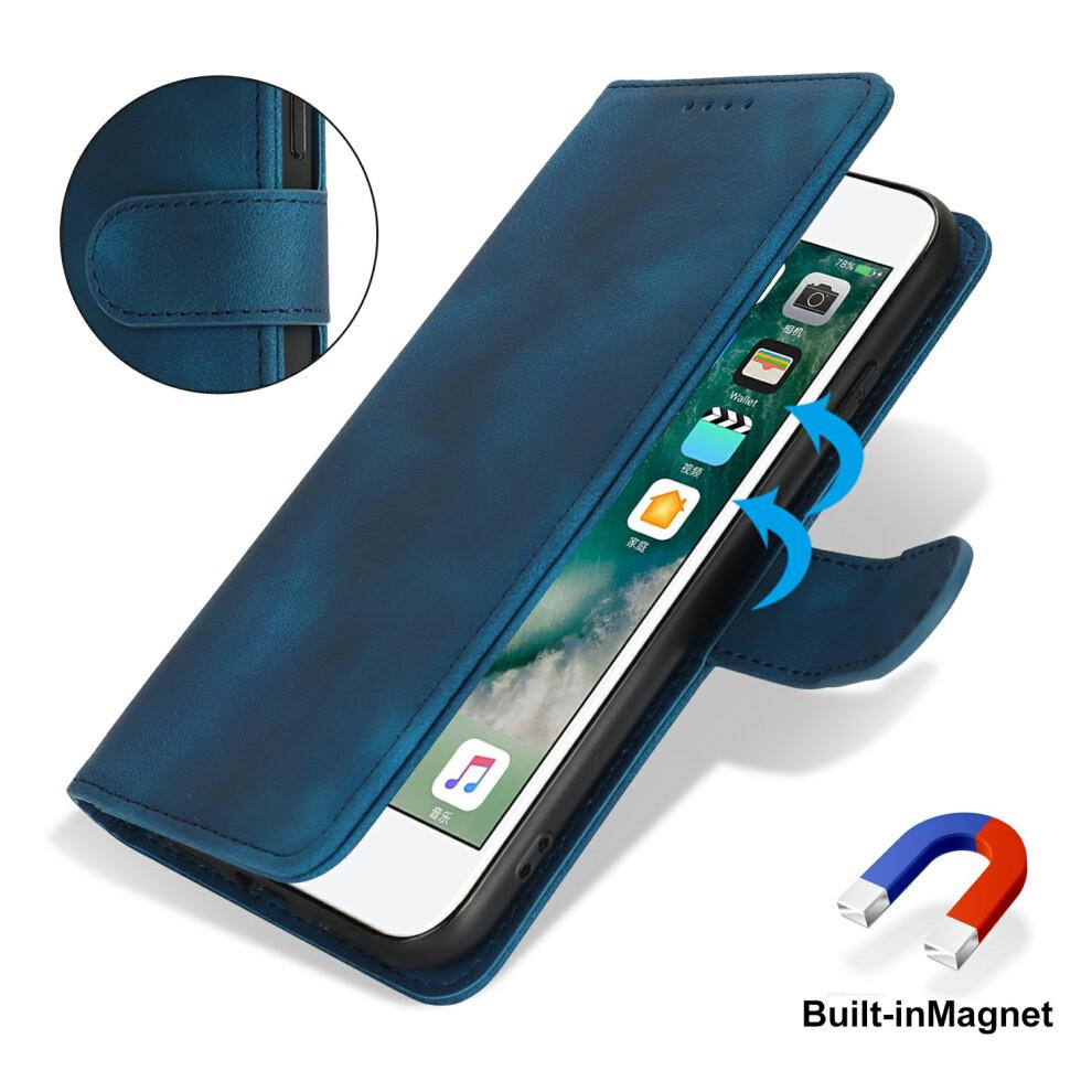 (iPhone SE (2022), Blue) Wallet Case for iPhone SE (2022)/(2020)/8/7 Double Folded Edge Skin Touch PU Leather Flip Phone Cover