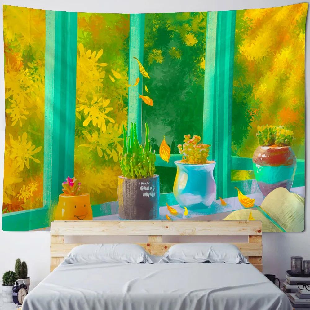 Imitation Window Landscape Tapestry, Wall Hanging, Floral Plants, Living Room, Bedroom, Office, Home Wall Background Cloth