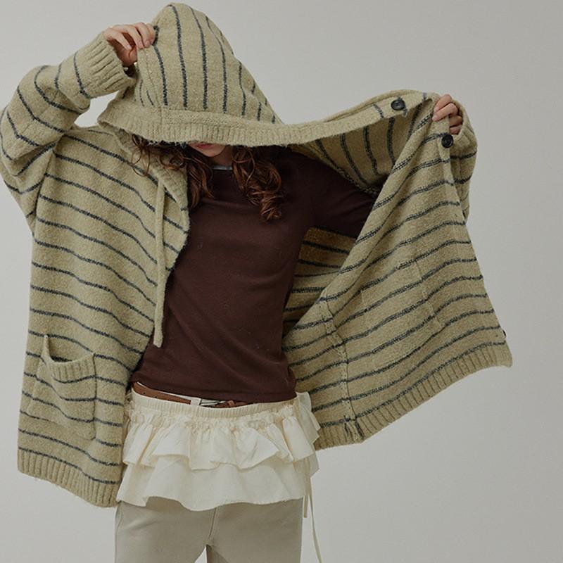 Women Versatile Color Block Striped Hooded Knit Cardigan Autumn Winter Vintage Boho Long Plus Size Sweater Coat