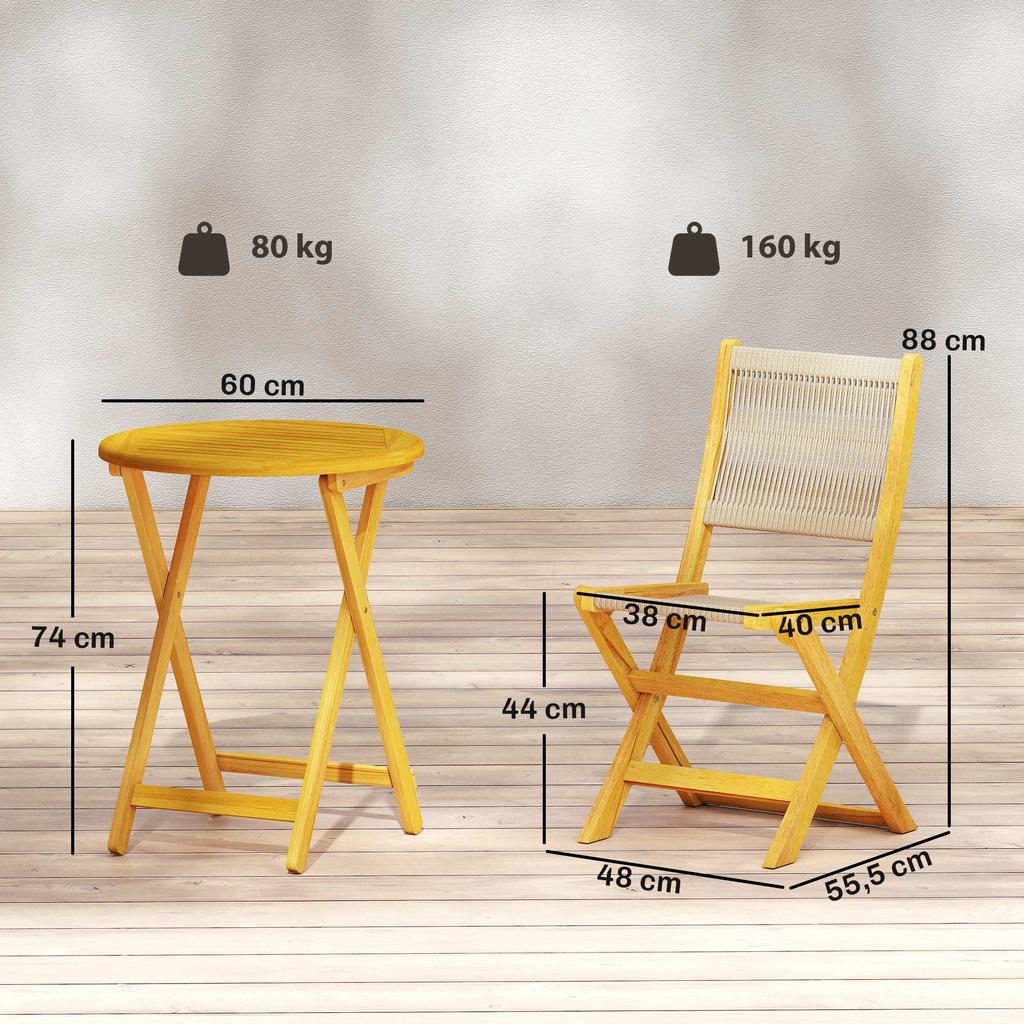 Bistro Garden Furniture Set, 3-Piece, Round Table, 2 Folding Chairs, Acacia Wood, Natural PP Rope