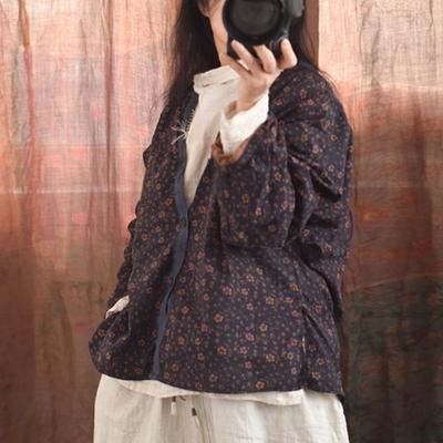 Women Spring Shirts V-Neck Long Sleeve Tops Print Floral Button Loose Chinese Style Women Blouses