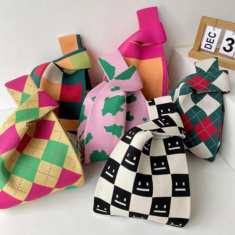 

Women s Knit Tote Bag - Korean Style Color Block Argyle and Polka Dot Design