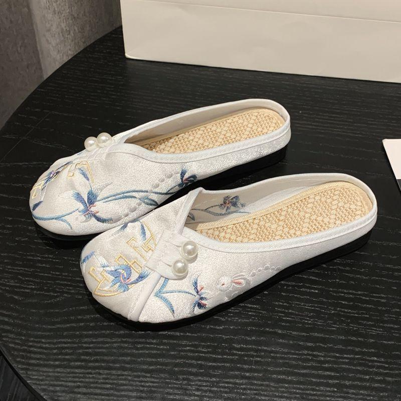 Pantofole da Donna Primavera Autunno Suola Morbida Piatte Baotou Ricamate Pantofole da Casa Scarpe Casual da Donna Stile Etnico Pantofole da Esterno