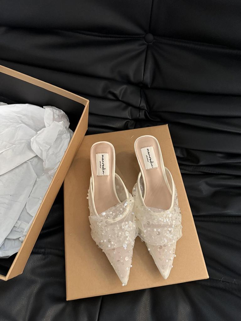 With Skirt High Heel Half Slippers Spring and Autumn Temperament High Heels Evening Gentle Single Shoes Versatile Sequined Shoes