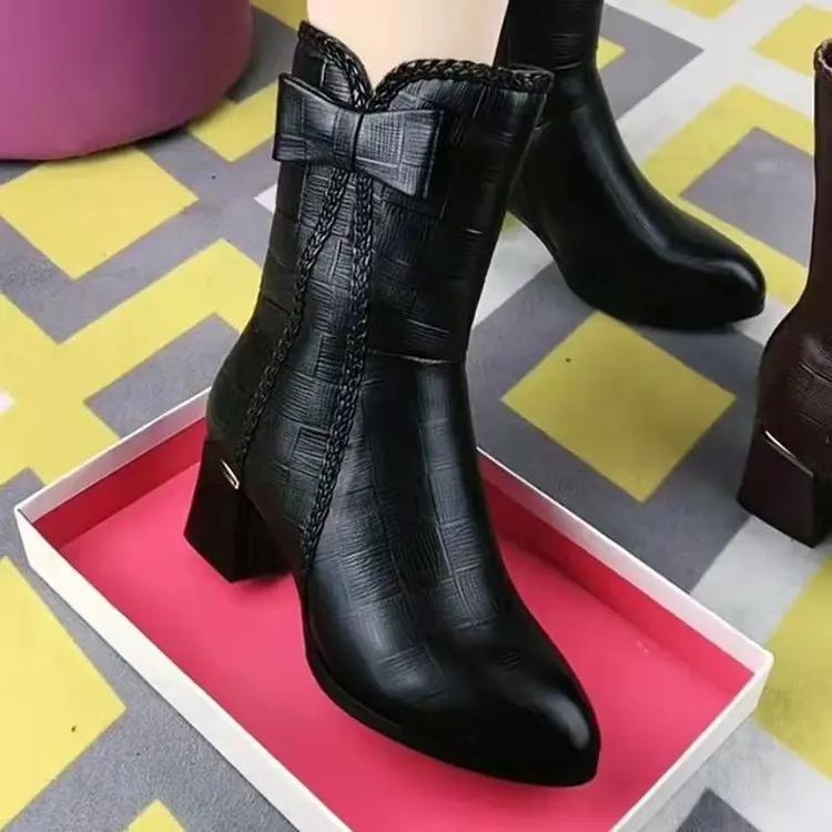 Damen Schuhe Neue Mode Dicke Sohle Stiefeletten Schleife Bequem Wasserdicht Mittelhohe Wadenhöhe Absätze Damenstiefel