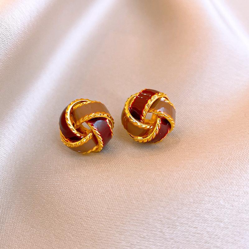 Real Gold Electroplated Retro Coffee Color Drip Oil Round Cross Flower Stud Earrings Temperament Earrings Earrings Women