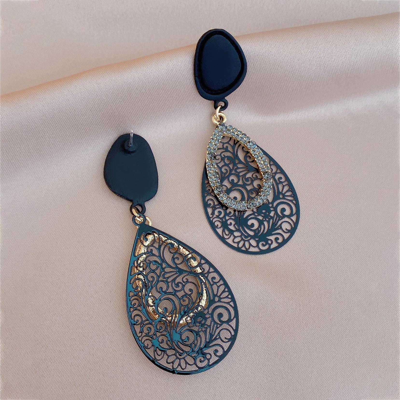 Серьги-капли с черным узором и стразами  Серебряная Игла  ins Винтажные Премиальные Серьги