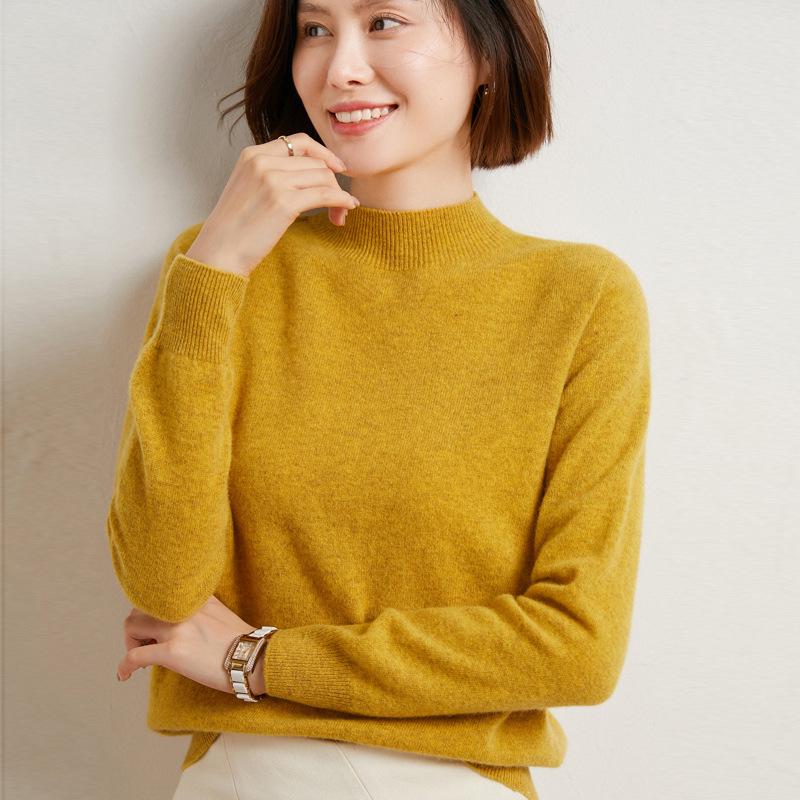 2024 Fall/Winter Women's 100% Wool Semi-High Neck Loose Knitted Sweater