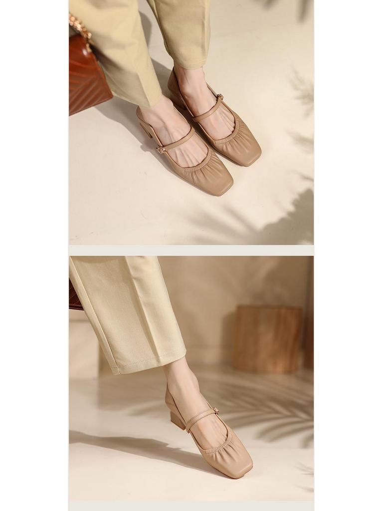 BEIJIANI Mary Jane na grubym obcasie ze skóry owczej - Damskie miękkie skórzane buty z jednym paskiem