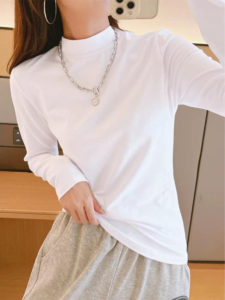 Women's Pure Cotton White Long Sleeve Slim Fit Base Layer Top for Autumn/Winter 2025
