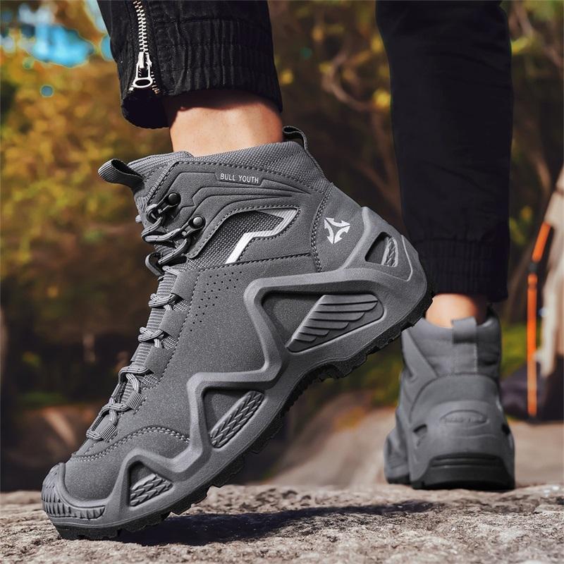 Outdoor Men's Hiking Boots Leather Men's Ankle Boots Winter Shoes Non-slip High Top Male Work Shoes Breathable Walking Sneakers