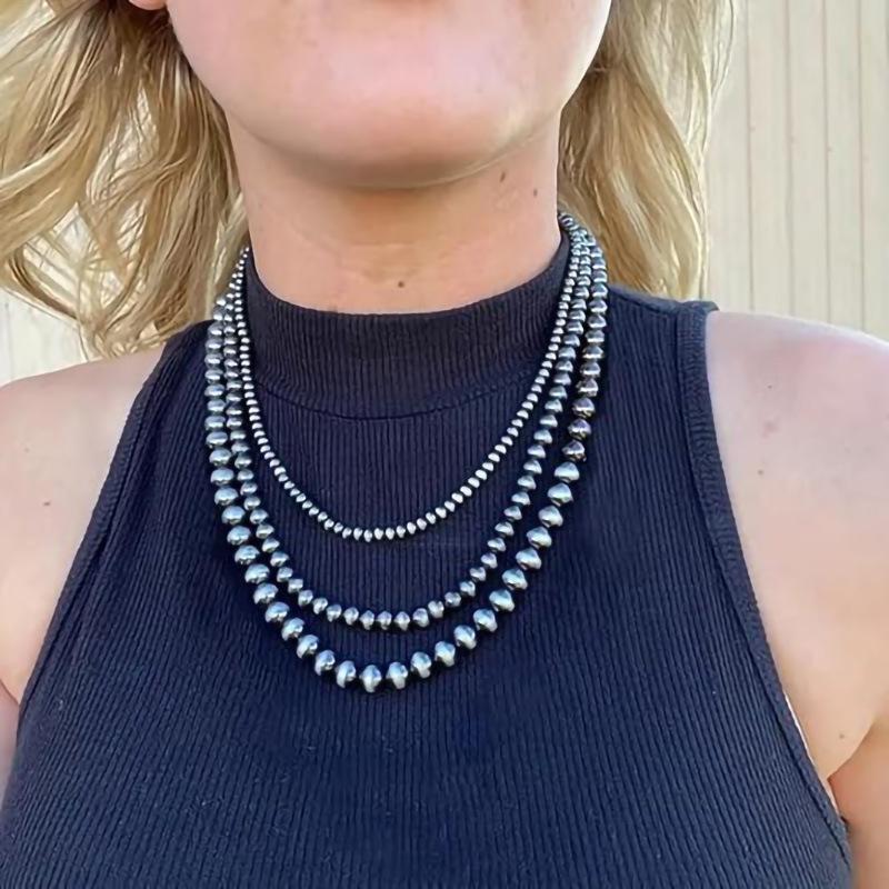 Navajo Pearl Beaded Necklace Oxidized Silver Tone Southwestern Style Choker Adjustable Vintage Tribal Chain for Women
